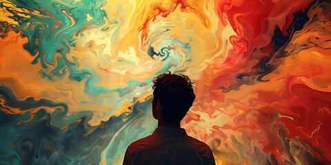 Man Contemplating in Front of a Fiery Abstract Whirlpool