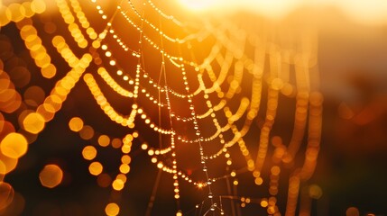 Glistening Dewdrops Sparkling on Delicate Spider Web at Sunrise