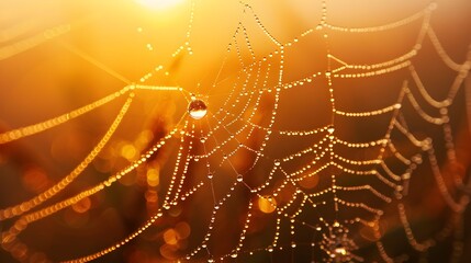 Sparkling Dew Drops on Intricate Spider Web at Sunrise,Reflecting the Delicate Beauty of Nature