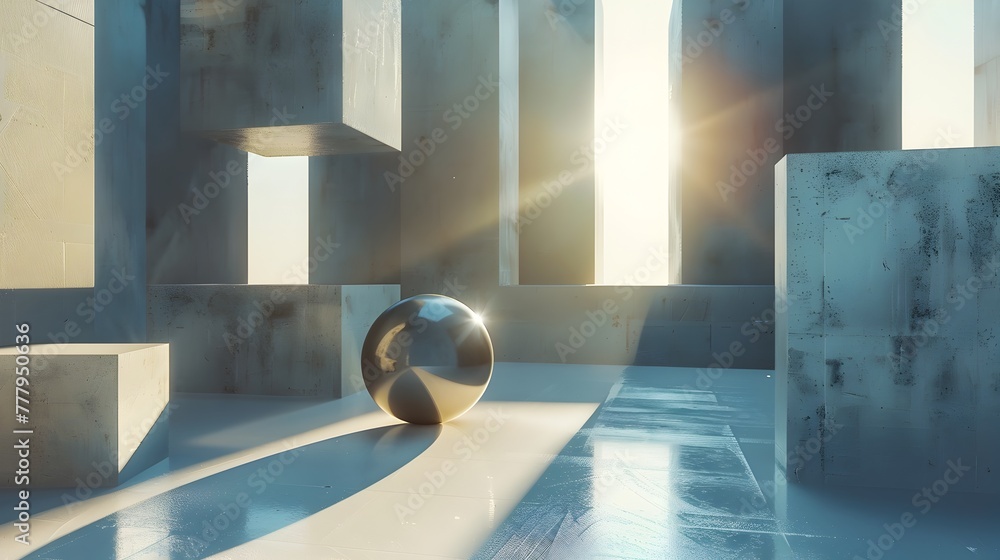 Poster floating geometric shapes casting shadows in 3d digital abstract space