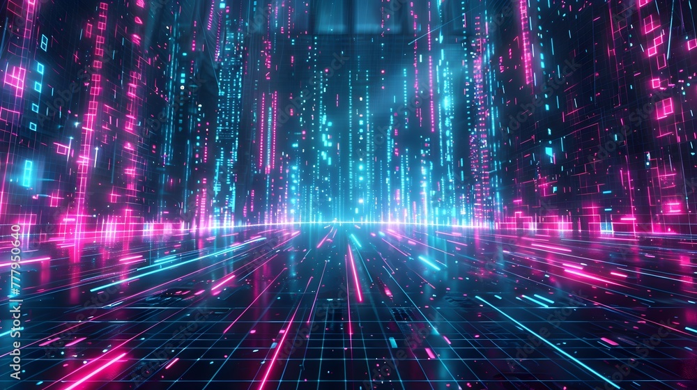 Aufkleber cascading neon digital grid extending into immersive horizon with abstract fluid visualization