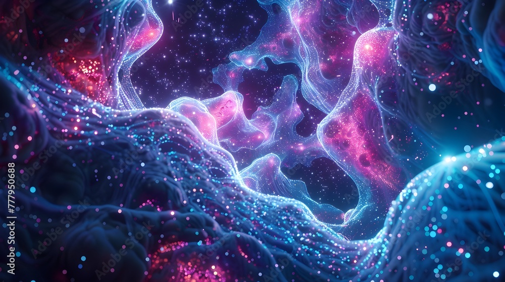 Poster glowing particle constellation in cosmic void - intricate 3d digital art evoking underlying order am
