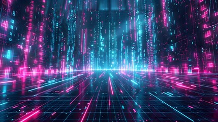 Cascading Neon Digital Grid Extending into Immersive Horizon with Abstract Fluid Visualization