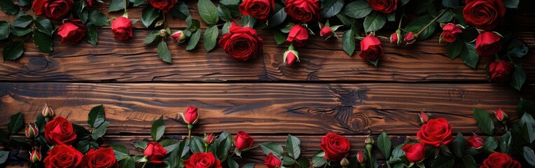 Beautiful Red Roses on a Rustic Wooden Board - Romantic Flower Arrangement for Love, Romance, and Nature Themes - Stock Photo