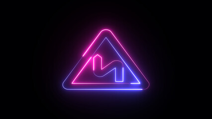 Illuminated road caution symbol. Glowing neon European road traffic has signs.