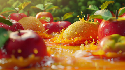 A surreal 3D world with vibrant fruits nestled among dark green hills dotted with orange. Flowing liquid adds a playful touch.