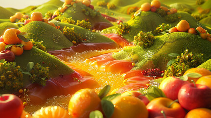 Dreamlike 3D landscape: Vibrant fruits and flowing liquid with dark green hills dotted with orange fruits.