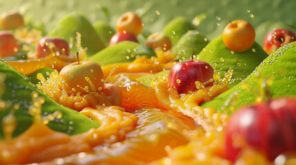 Surreal 3D landscape: vibrant fruits, flowing liquid, green hills with orange fruits, dreamlike scene.