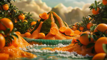 A 3D scene with an orange mountain, island, and sea, rendered in a surreal green color scheme.