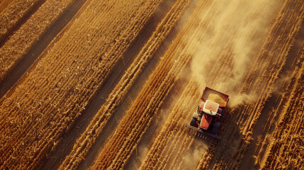 A tractor harvesting corn in the field