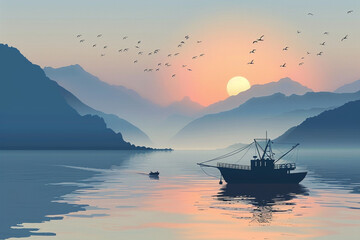 Landscape with fishing ship, sunrise and hills. Silhouette of fishing barge, shore with mountains...
