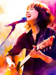 アコースティックギターを手に熱唱する女性ボーカル - obrazy, fototapety, plakaty