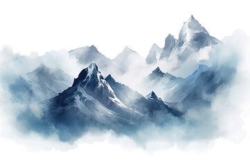Watercolor illustration. Landscape with mountains, trees, clouds and birds isolated on PNG Background. Generative Ai.