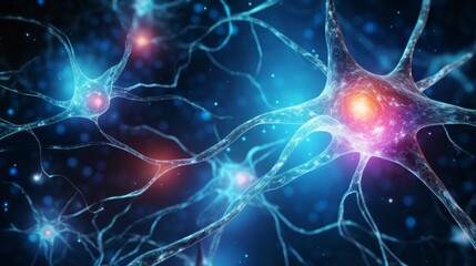 Glowing nerve cells communicate through synaptic connections  - obrazy, fototapety, plakaty