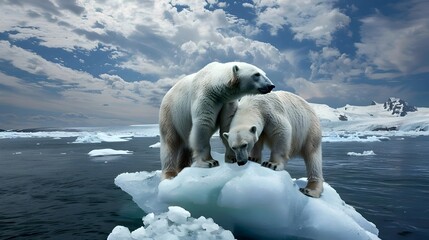 Polar Bears on Melting Arctic Ice Floe Highlighting Climate Crisis Impact on Wildlife