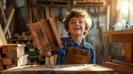Young boy in a workshop holding a wooden board, wearing an apron, smiling joyfully amidst woodworking tools and benches.