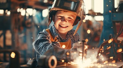 A young person welding in a workshop, wearing protective gear, with sparks flying and a smile indicating enjoyment or concentration. - obrazy, fototapety, plakaty