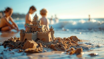Boy and girl playing on the beach on summer holidays. Children building a sandcastle at the sea.family time in holidays.