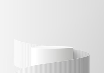 Realistic white 3D cylinder podium with light gray paper swirl flow on empty studio room background.  Minimal wall scene mockup products, Round stage showcase, promotion display. Vector abstract room.