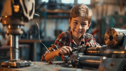 Smiling young boy in a workshop handling machinery, wearing a plaid shirt, surrounded by mechanical tools and equipment. - obrazy, fototapety, plakaty