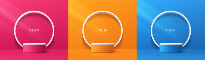 Set of 3D cylinder podium background in pink, orange, blue color with white circle leaned on wall scene. Abstract minimal mockup product display presentation, Stage showcase. Platforms vector design. - obrazy, fototapety, plakaty