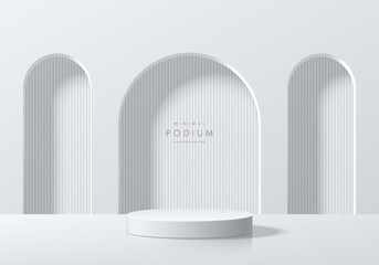 Realistic 3D white cylinder podium background placed in front of three arch door and vertical pattern. Minimal mockup or abstract product display presentation, Stage showcase. Platforms vector design.