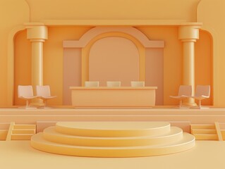 3D render style of yellow building podium court, isolated on yellow backdrop