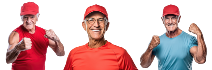 Elderly sportsmen showing fists isolated on transparent background