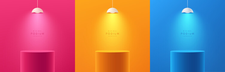 Set of cylinder 3D product podium background in pink, orange, blue color. Neon hanging lamp. Minimal mockup or abstract product display presentation, Stage showcase. Platforms vector geometric design.