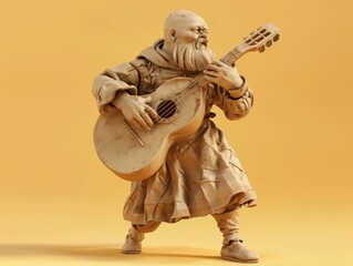 3D render clay style of a medieval minstrel playing guitar, isolated on orange background - obrazy, fototapety, plakaty