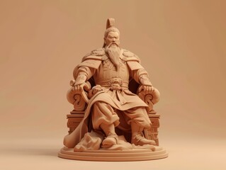 3D render clay style of the leader of the Chinese army or Mongol chieftain, isolated on tan background