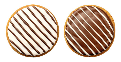 Round cookies with striped chocolate glaze isolated on transparent background, top view