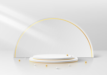 Realistic white 3D cylinder podium background with luxury white semi circle and golden line, beads. Vector abstract geometric forms. Minimal scene, mockup products stage showcase, Promotion display.