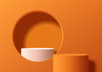3D orange cylinder podium background with white pedestal in circle window and vertical pattern scene. Minimal mockup product stage showcase, banner promotion display. Abstract vector geometric forms.