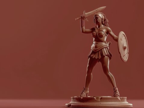 3D render clay style of a Roman gladiatrix or female gladiator, isolated on brown background