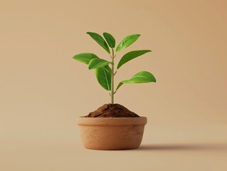 3D render style of tree in clay pot, isolated on brown background