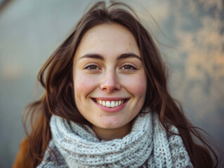 Winter Glow: Woman Smiling in Knitted Scarf