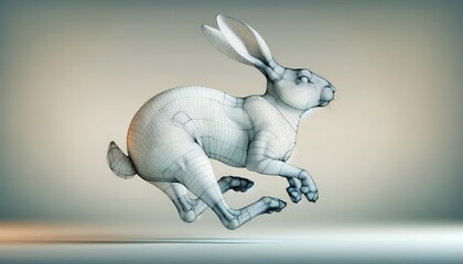 3D wireframe model of a rabbit in a dynamic pose, possibly hopping or sitting