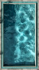 Abstract art of glowing blue patterns resembling water ripples on a textured background, framed by a teal border.