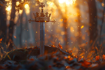 mysterious and magical photo of gold king crown and sword in the England woods or field landscape...