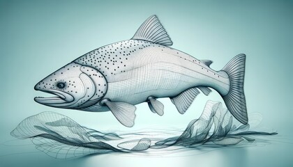 Obraz premium 3D wireframe model of a salmon fish, showcasing texture of the skin, scales, and fins