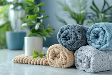 Rolled clean towels on grey table in laundry room, space for text. Banner design