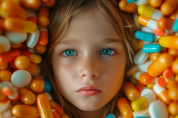Fototapeta na wymiar Children and medicine, addiction. Sad child young girl surrounded by numerous pills