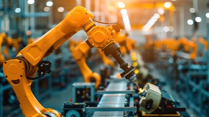 Automated robotic arms engaged in production on an assembly line within an industrial factory...