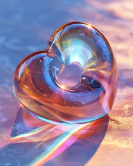 Translucent 3D Glass Heart Ring Sculpture Radiating Spectrum of Light in a Conceptual Display of Love, Y2K Holographic Minimalist Design