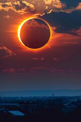 Total Solar Eclipse, With The Moon Completely Covering The Sun And Creating a Mesmerizing Ring of Fire Effect in The Sky, Generative AI