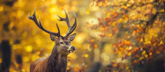 Red deer with long antlers in the forest in autumn - obrazy, fototapety, plakaty