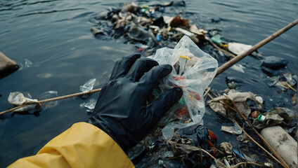 A close-up photograph of hands removing plastic waste and debris from the river, emphasizing the importance of individual action in keeping waterways clean
