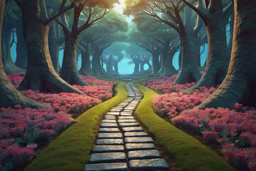 Discover a surreal pathway to a mystical forest in this stunning 3D illustration of a fantasy...