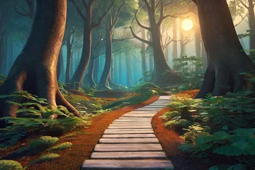 Plexiglas foto achterwand Discover a surreal pathway to a mystical forest in this stunning 3D illustration of a fantasy landscape © Amila Vector
